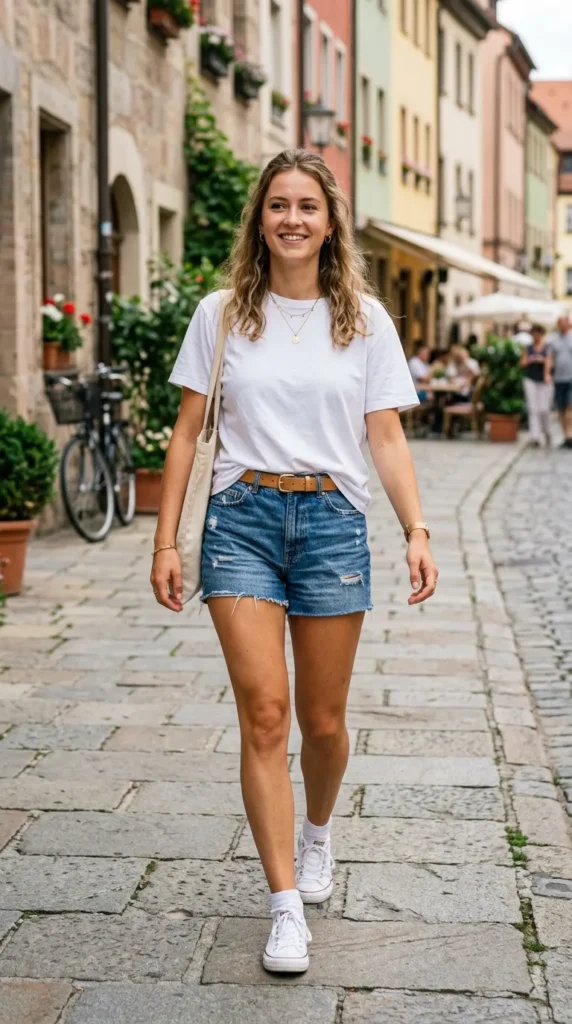 White T-shirt with denim shorts