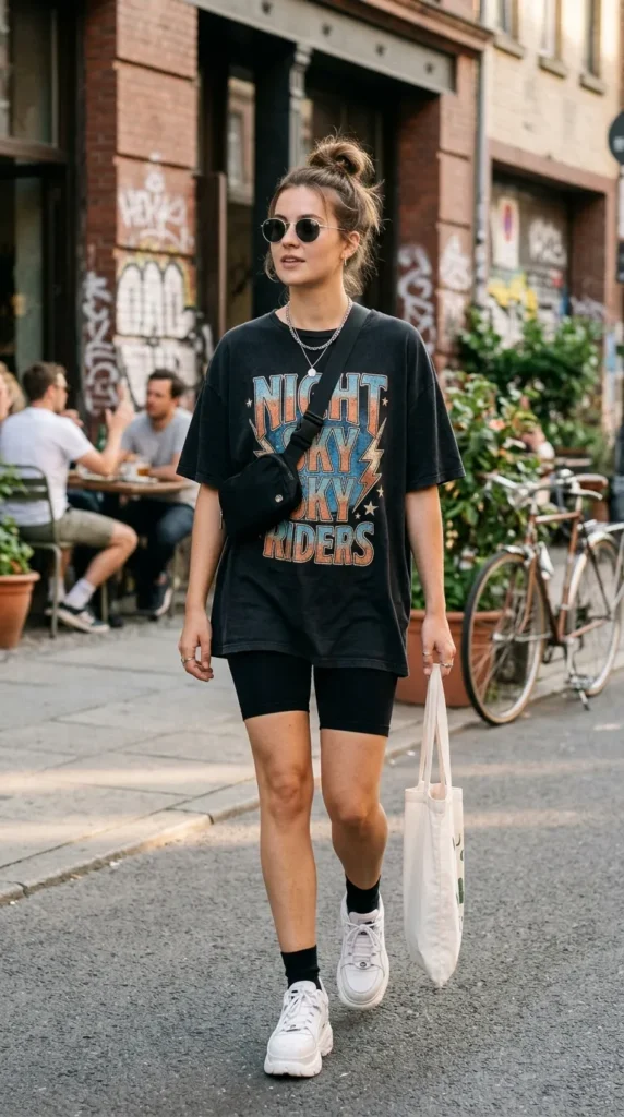 Graphic tee with biker shorts
