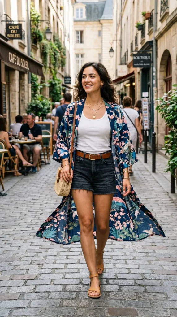 Printed kimono with shorts
