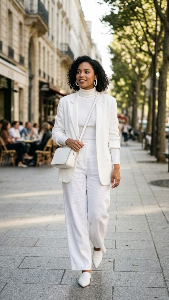 Stylish all-white summer outfit with matching separates for a sophisticated date.