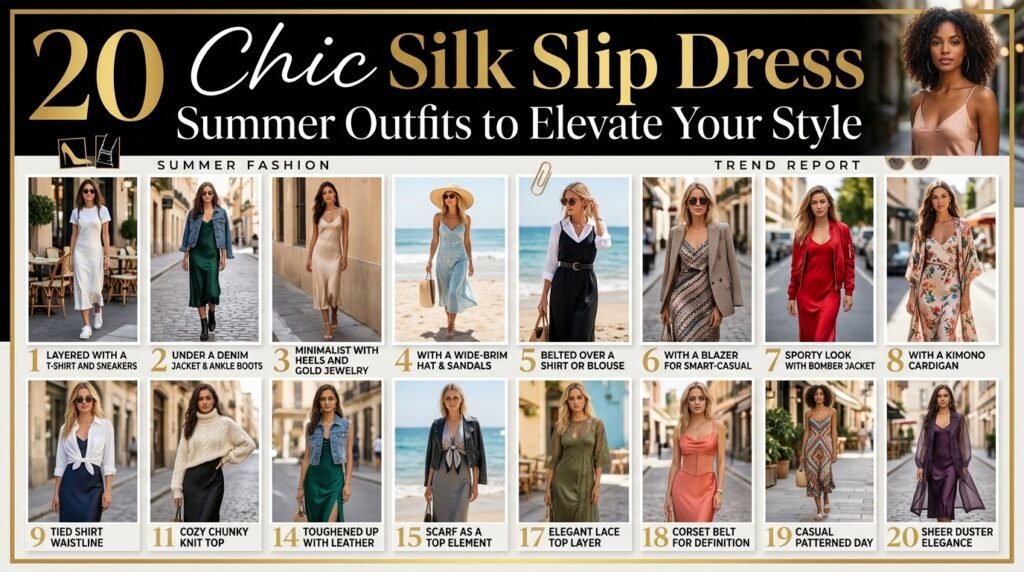 20 chic silk slip dress summer outfit ideas featuring elegant layering, blazers, denim jackets, sandals, sneakers, and stylish accessories.