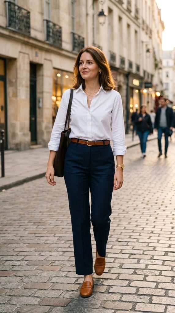 Crisp button-down shirt paired with tailored trousers for a timeless office outfit.
