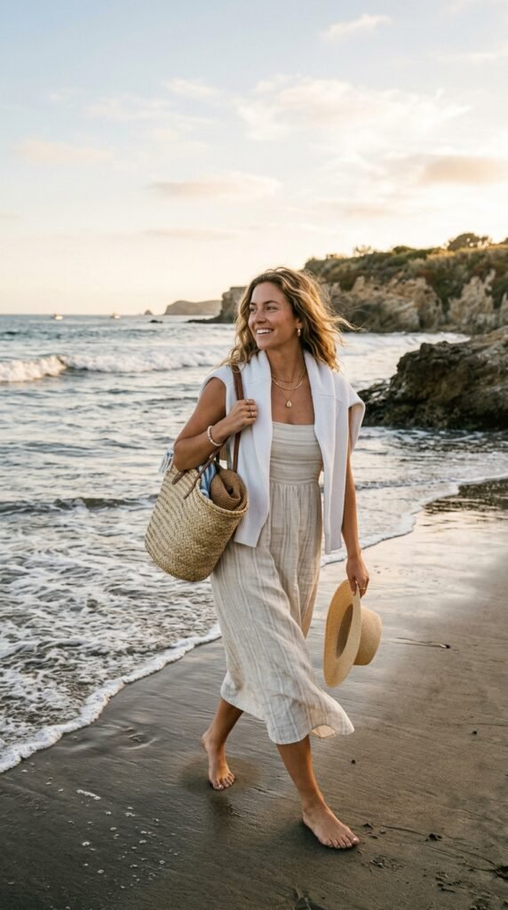 Coastal-inspired office outfit with breathable fabrics and relaxed tailoring for summer.
