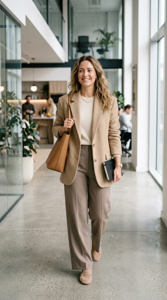 Woman wearing a soft neutral office outfit with tailored trousers for an elegant summer work look.