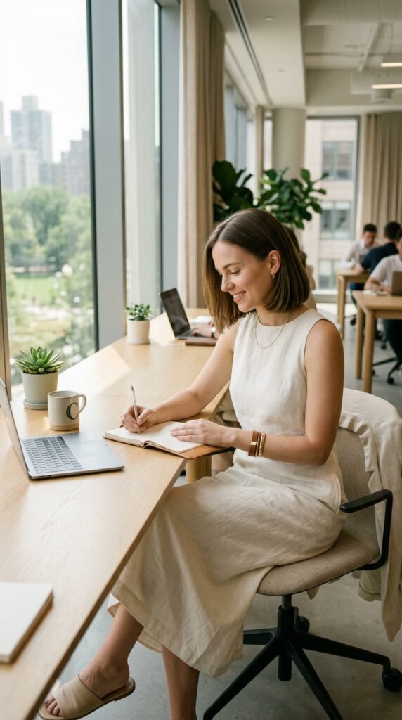  Minimalist summer office outfit with clean lines and breathable fabrics for professional style.
