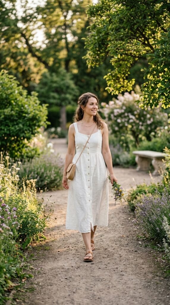 Graceful summer stroll outfit featuring a lightweight dress, sandals, and minimalist accessories for effortless warm-weather style.