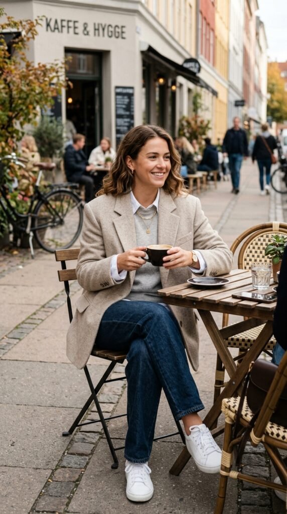 Smart casual summer office outfit with lightweight layers and tailored trousers.