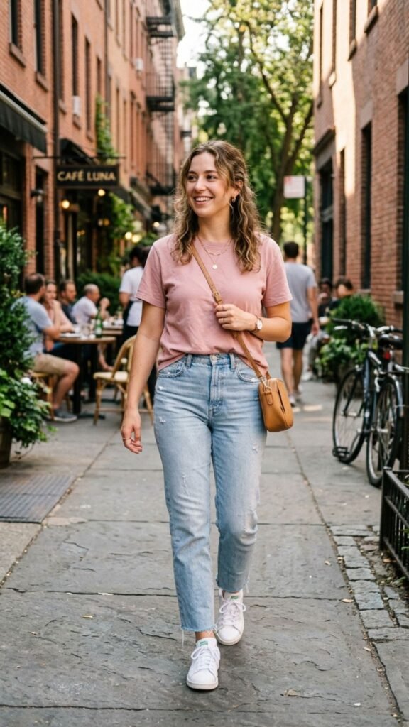 Light wash jeans paired with a soft pink top for a relaxed summer date outfit.