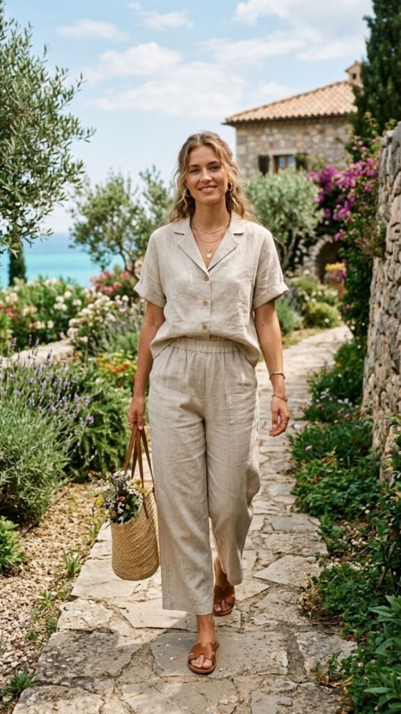 Breathable linen two-piece outfit perfect for a stylish summer daytime date.