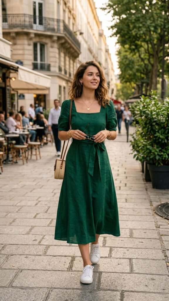 Elegant midi dress styled with block heels for a classy summer date outfit.