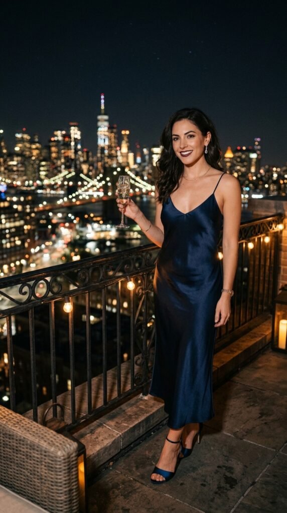 Elegant navy silk slip dress styled with classic heels and delicate accessories for a timeless evening and special occasion look