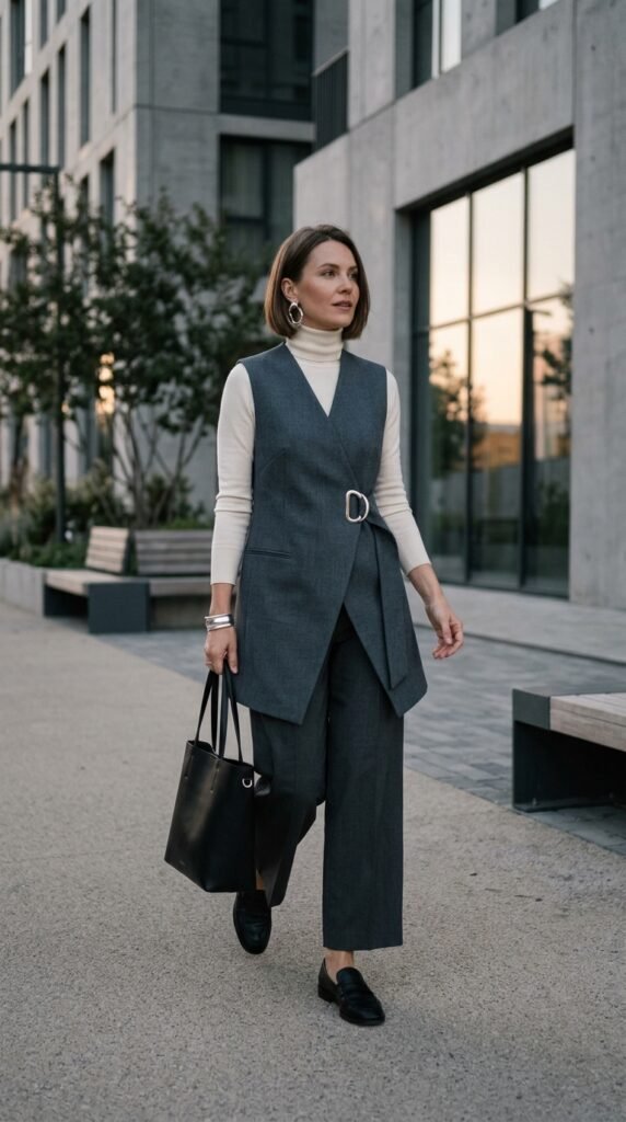 Tailored vest and matching trousers creating a sleek minimalist office look.
