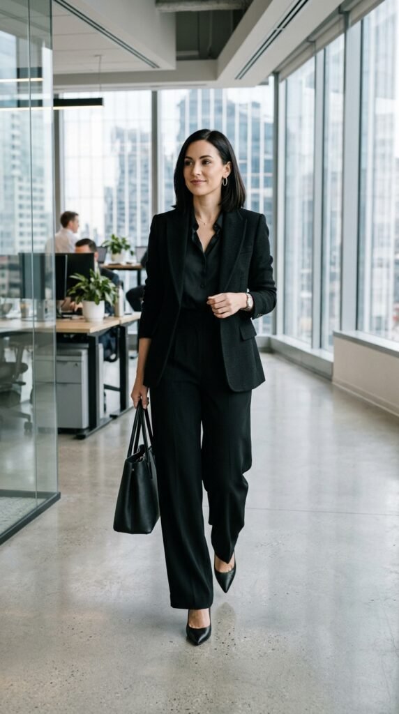 – Monochrome office outfit with coordinated neutral tones for a sophisticated summer look.