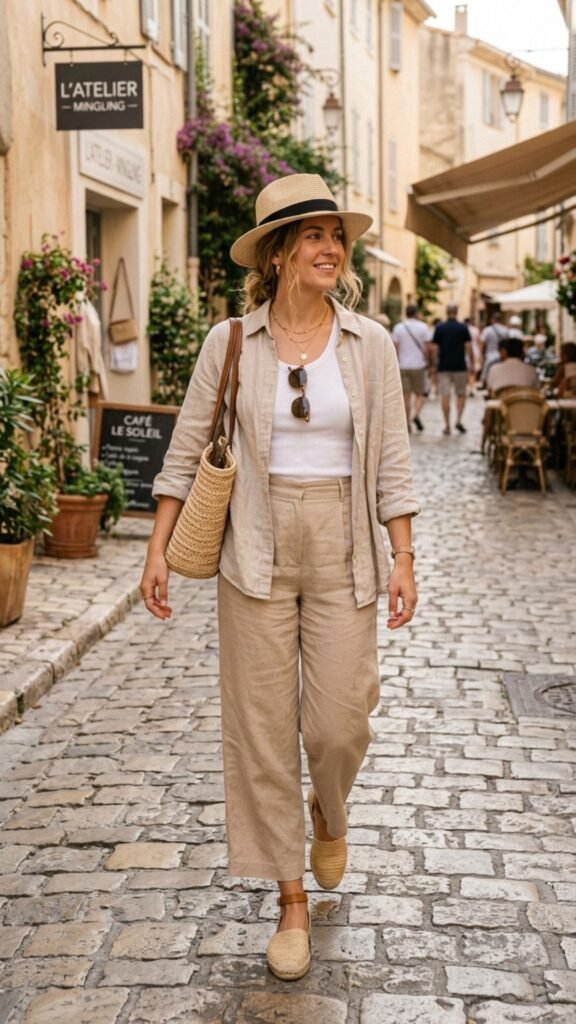 Minimalist summer outfit in neutral linen fabrics perfect for a casual date.