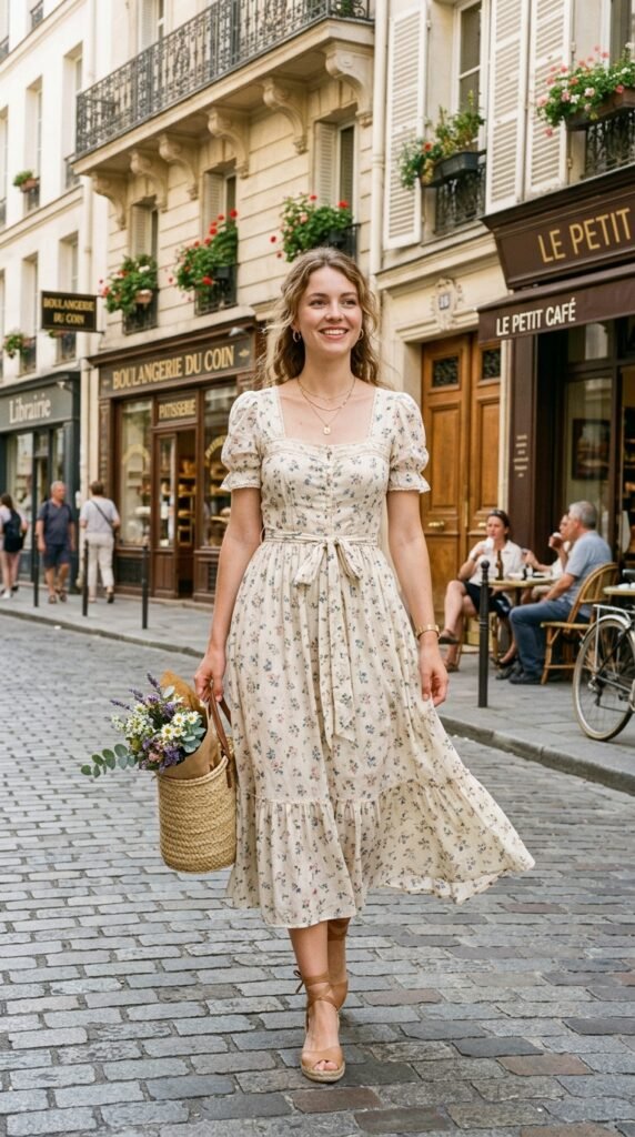 Parisian-inspired midi dress styled for a graceful and elegant summer office outfit.