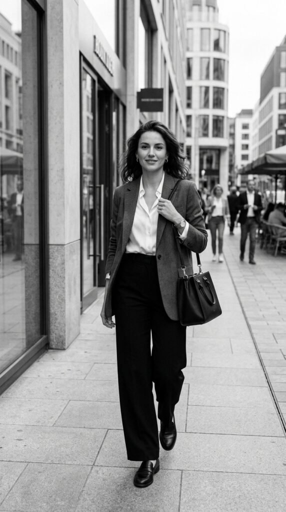  Elegant monochrome office outfit offering a sleek and polished business style.

