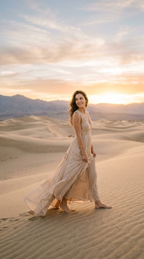 Champagne silk slip dress styled with gold accessories for a warm sunset-inspired look.
