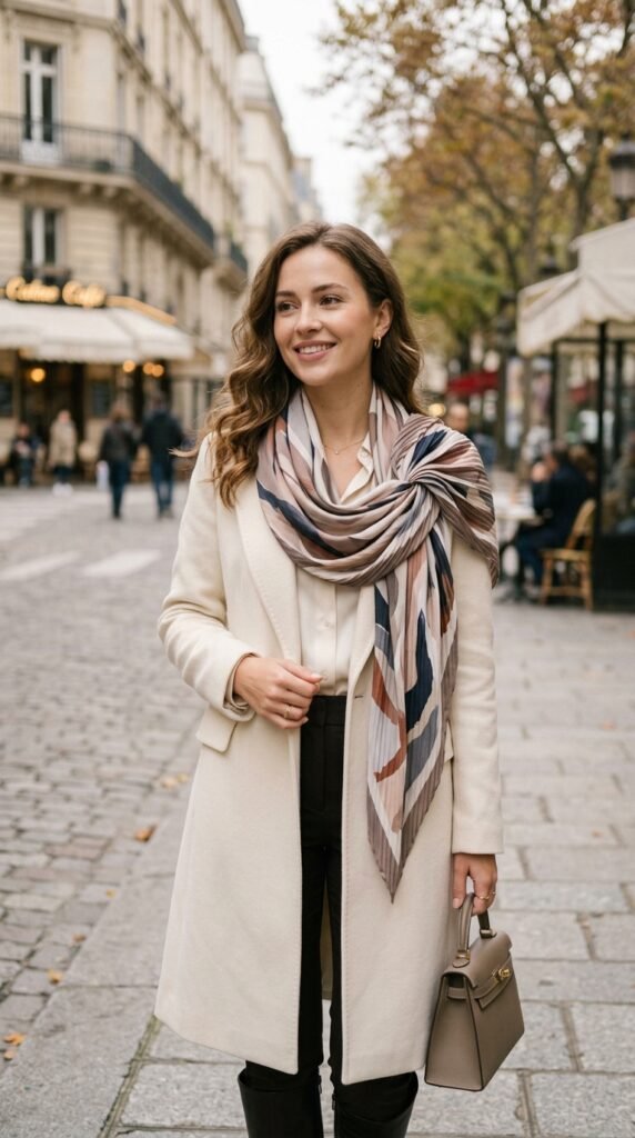 Chic office outfit featuring a stylish scarf detail for a refined professional appearance.