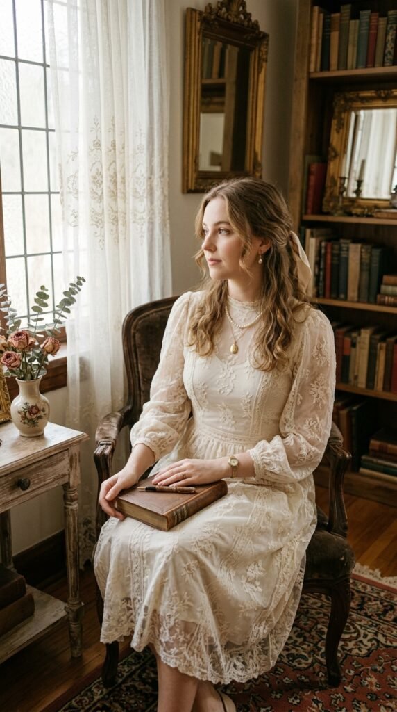 Vintage-inspired outfit with a flowing dress, classic accessories, and soft elegant styling for a timeless feminine look.