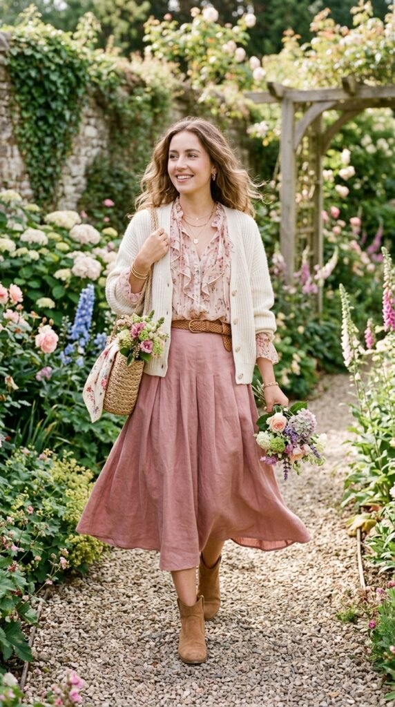  Feminine layered office outfit with a flowy skirt for a chic summer work look.
