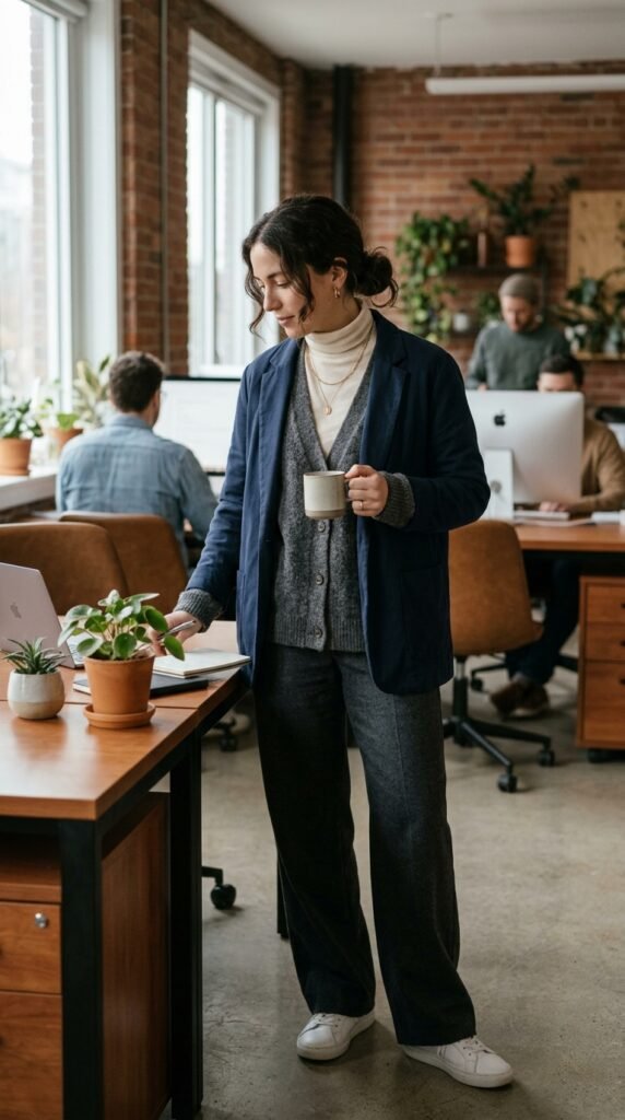 Lightweight layered office outfit with a blazer and tailored pants for comfortable summer workwear.