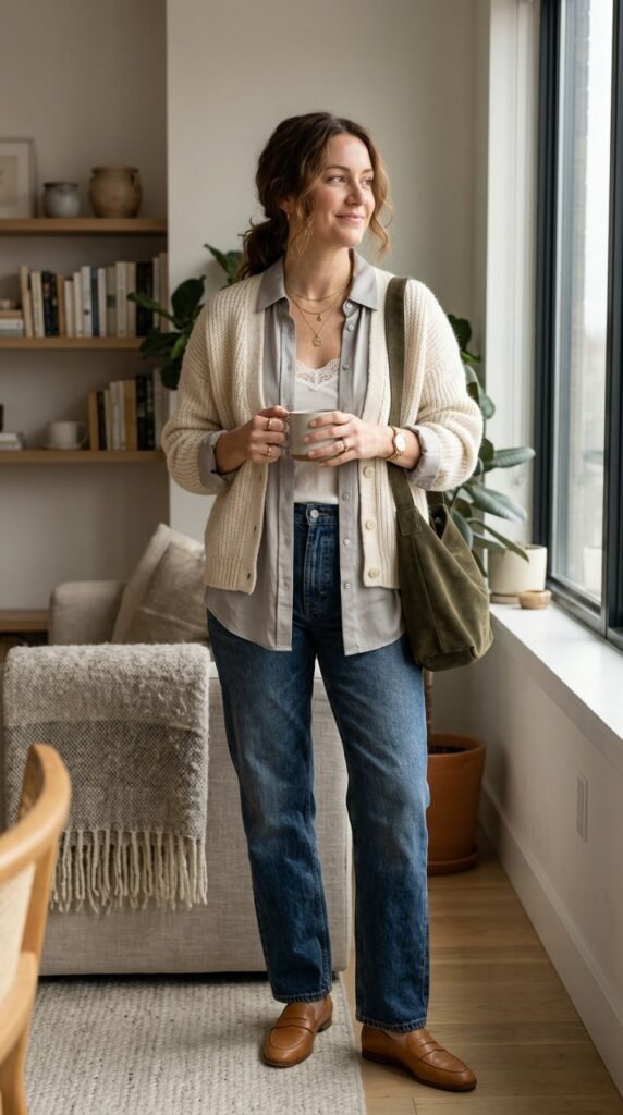 Lightweight layered office outfit with refined tailoring for effortless everyday workwear.
