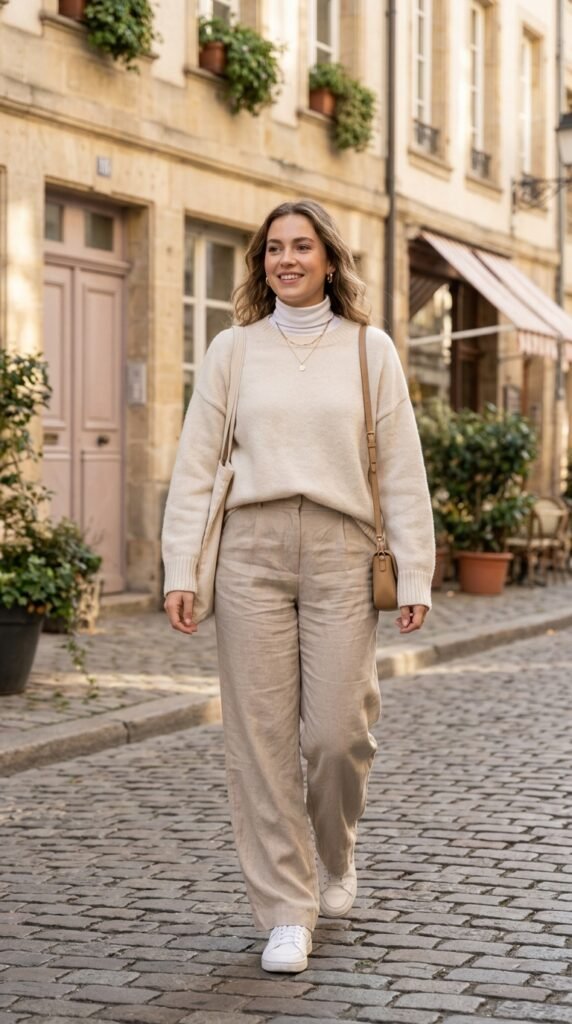 Soft neutral office outfit with tailored separates for a timeless professional appearance.
