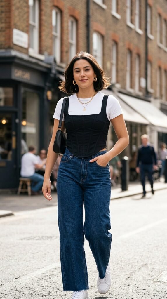  Structured corset-inspired top paired with tailored trousers for a modern office outfit.
