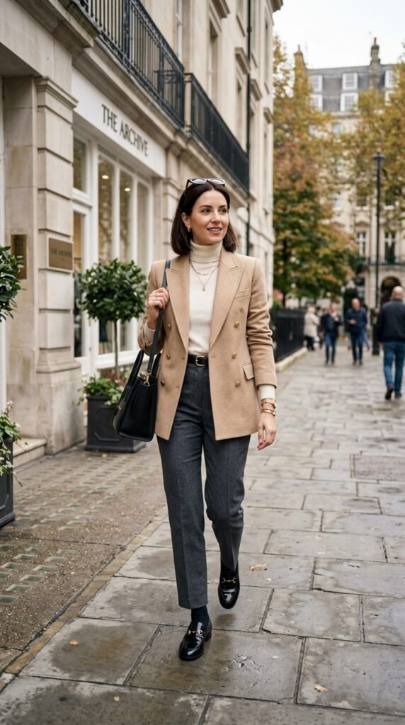 Neutral tailored office outfit creating a sophisticated and professional summer look.