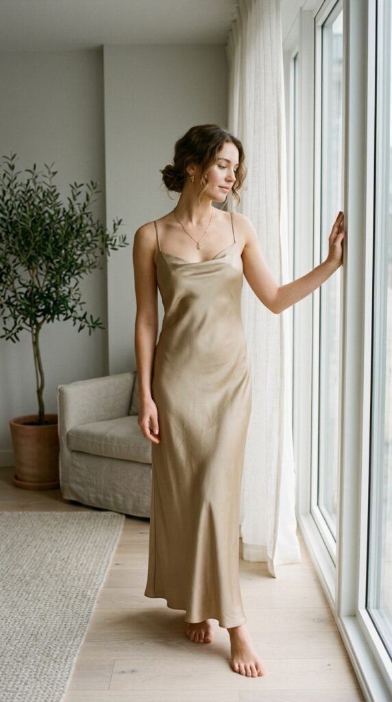  Minimalist ivory silk slip dress styled with simple sandals and delicate accessories for summer.
