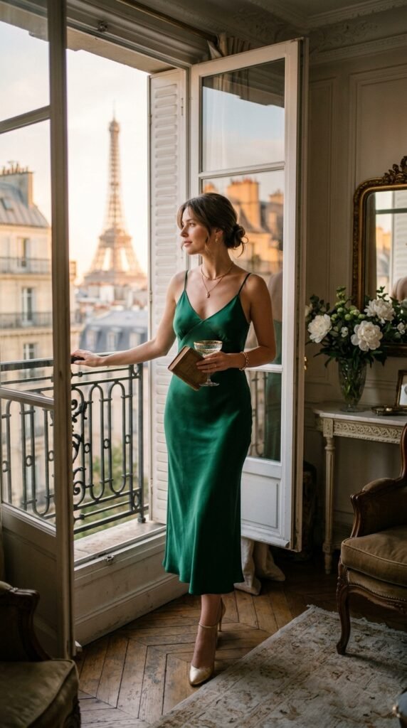 Woman wearing an elegant silk slip dress with strappy heels and gold jewelry for a chic summer evening look.