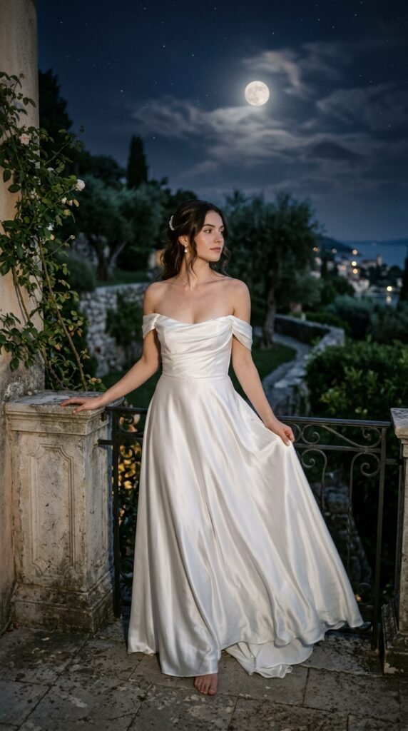 White silk slip dress with crystal heels creating a timeless summer evening outfit.