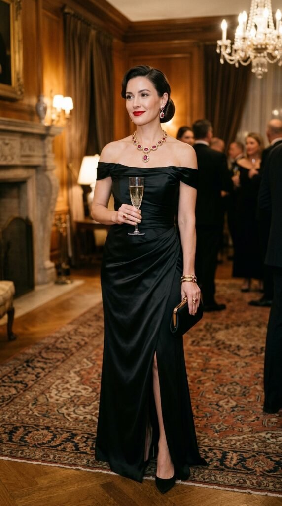 Black silk slip dress with bold metallic accessories and a tailored blazer.
