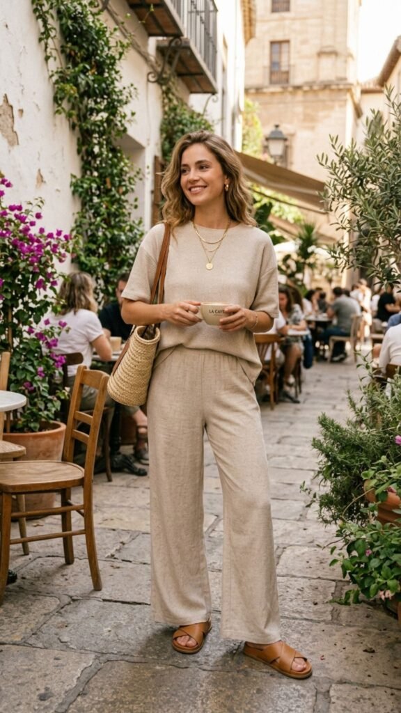 Chic neutral two-piece summer outfit with matching set for a stylish daytime date.