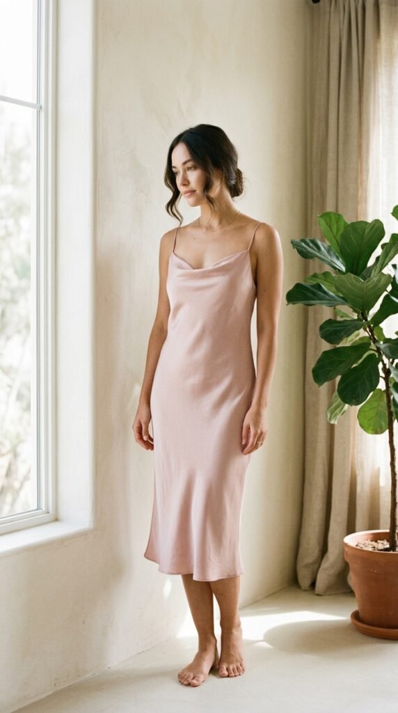 Blush pink silk slip dress with nude heels and rose gold accessories for a feminine summer look.