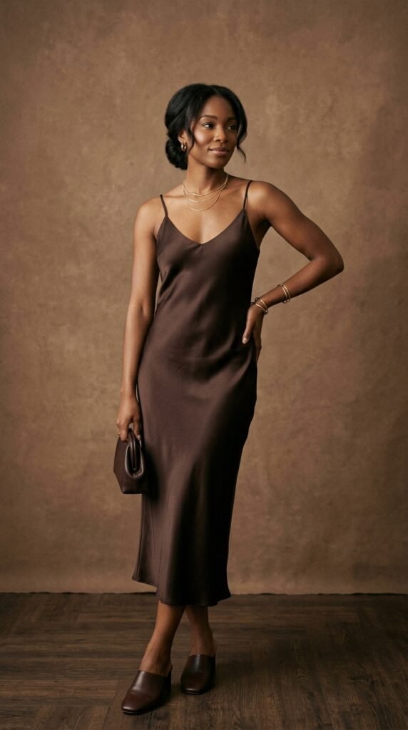 Chocolate-toned outfit with minimalist styling, neutral accessories, and timeless elegance for a sophisticated everyday look.