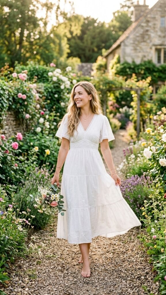 Romantic white summer dress styled with sandals for a fresh daytime date look.