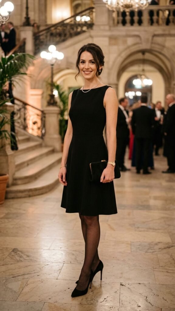 Timeless little black dress with heels for a romantic summer evening date look.